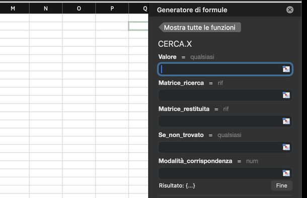 Inserire CERCA.X dal Generatore di formule Excel Mac