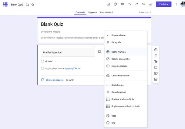 Scegliere il tipo di domanda Google Moduli