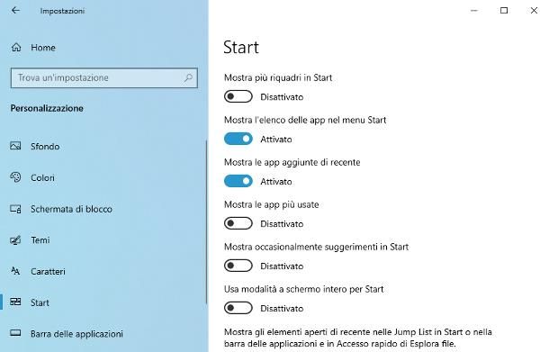 impostazioni barra start windows 10