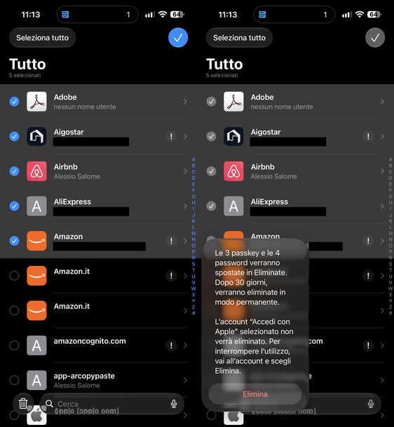 Cancellare più password app Password iPhone