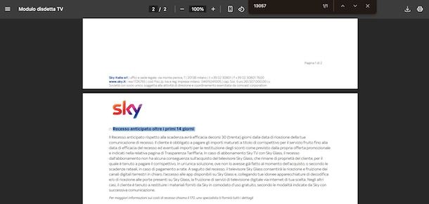 Recesso anticipato Sky