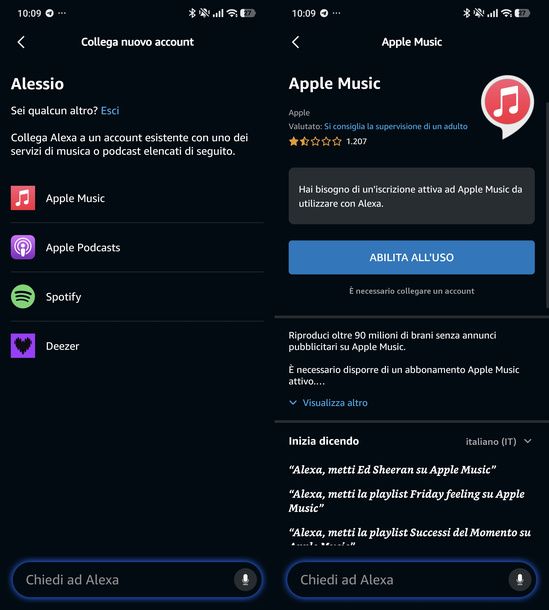 Collegare un servizio al profilo personale app Alexa