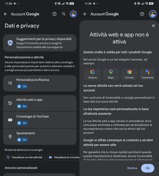 Disattivare Attività Web e app di Google