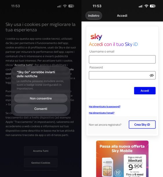 Accedere Sky Go iPhone