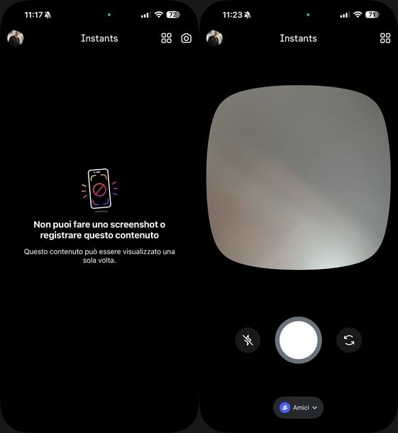 Eliminare istantanee app Instants
