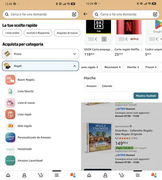 Trovare buoni regalo app Amazon Android