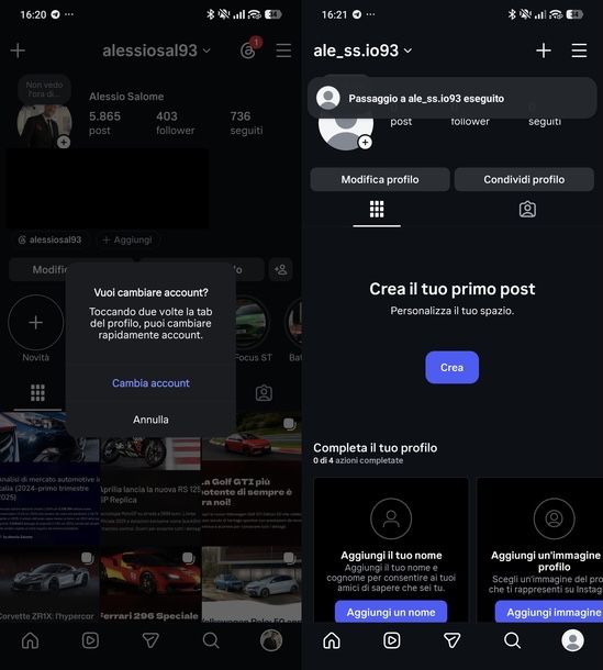 Cambiare account Instagram Android
