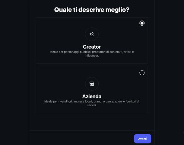 Scegliere tra Creator e Azienda su Instagram PC