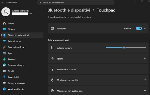 disattivare touchpad su windows