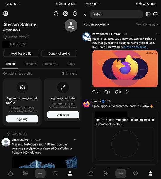 Cercare e vedere profilo su Threads Android