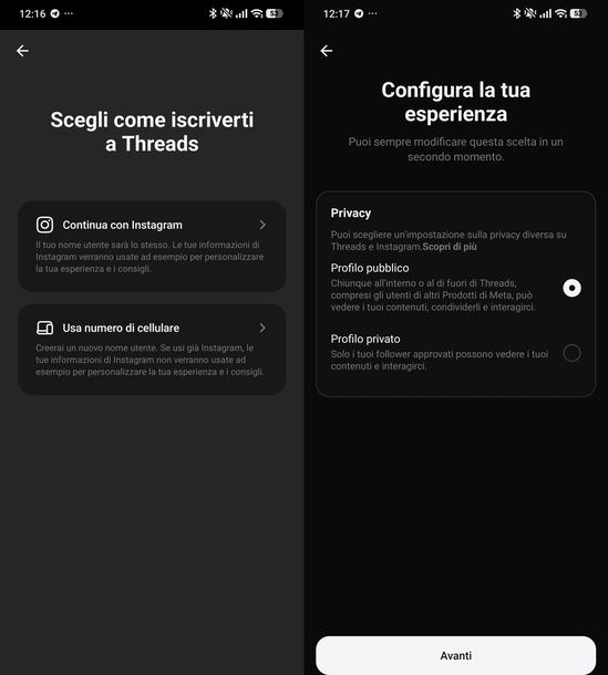 Creare un profilo Threads Android