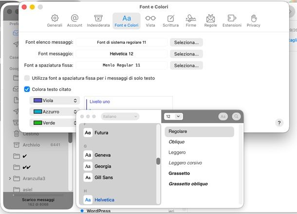 cambiare font mail macos