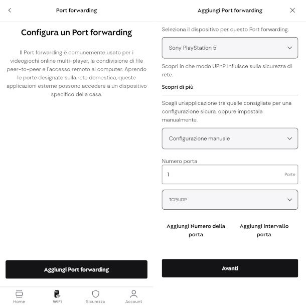 creazione regola port forwarding su router Sky