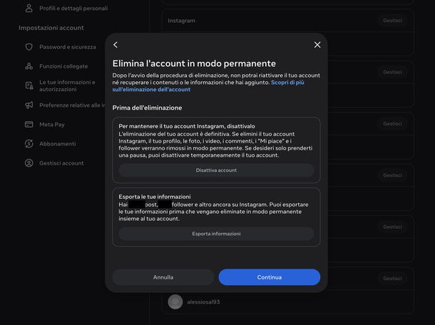 Eliminare definitivamente account Instagram PC