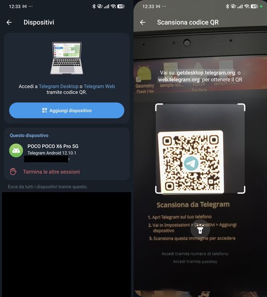Aggiungere un dispositivo per il QR code Telegram Android