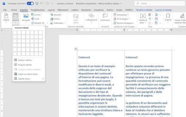tabella con colonne di testo indipendenti