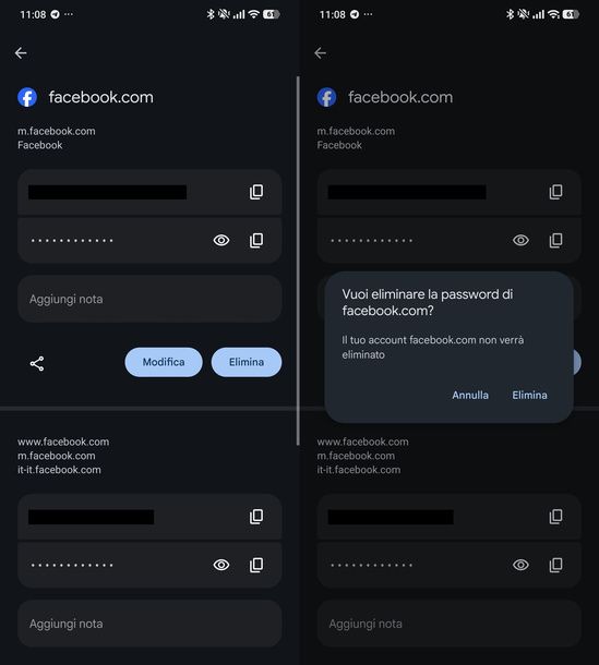 Cancellare password memorizzata Android