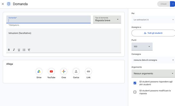 Creare una domanda su Classroom docente computer