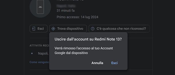 Conferma disconnessione dispositivo account Google