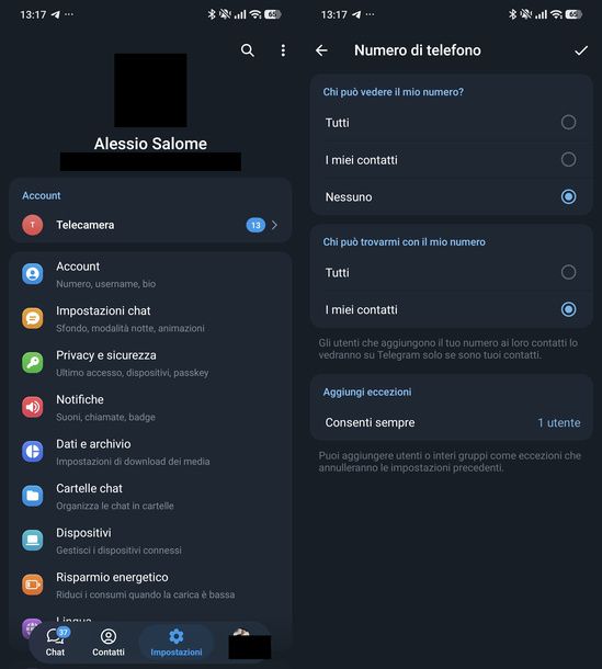 Nascondere il numero su Telegram Android
