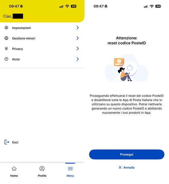 Cancellare codice PosteID da app