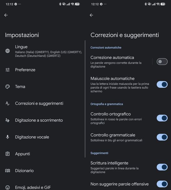 Disattivare la correzione automatica Gboard leva