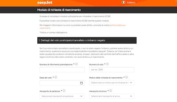 Modulo contatto easyJet