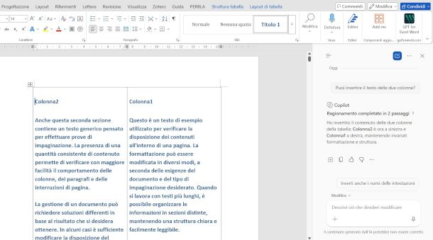 inversione colonne con Copilot