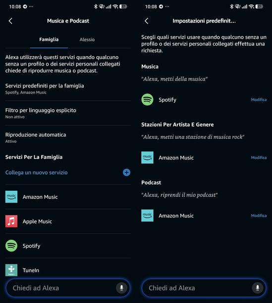 Configurare i servizi musicali predefiniti app Alexa
