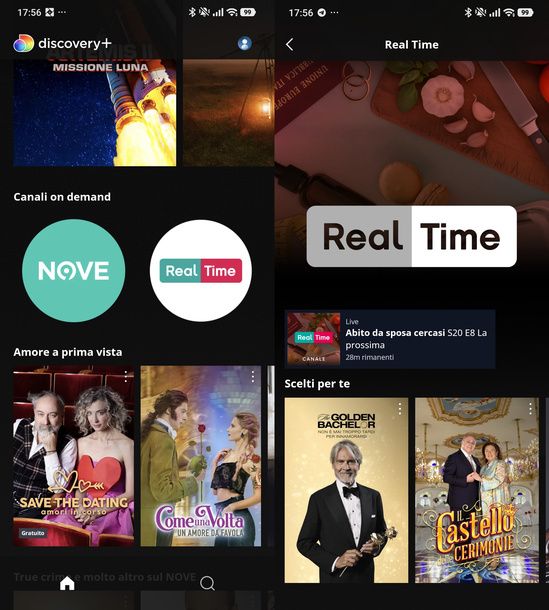 Aprire canale Real Time app Discovery+ Android