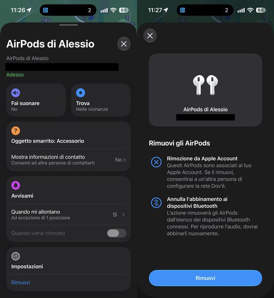 Rimuovere gli AirPods dall'app Dove iPhone