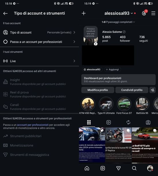 Passare a un account professionale su Instagram Android