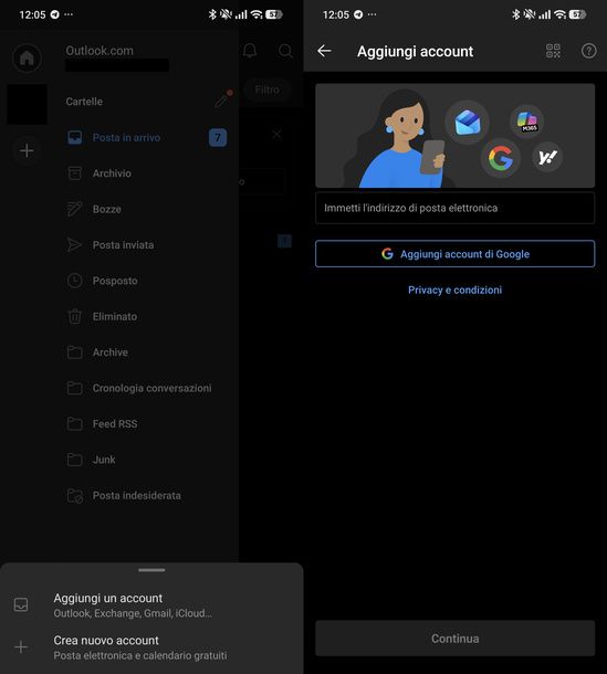 Aggiungere account app Outlook Android