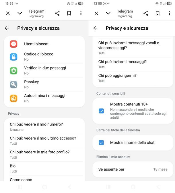 filtro contenuti sensibili telegram da android