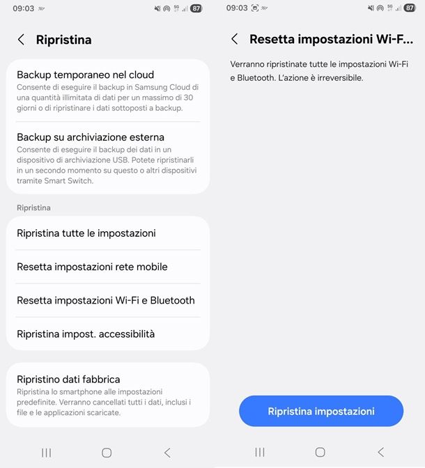 ripristino impostazioni di rete android