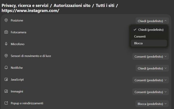 Bloccare la posizione di Instagram su Microsoft Edge