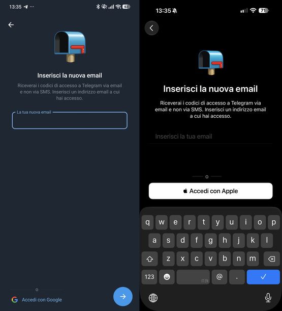 Impostare email di accesso su Telegram Android/iOS