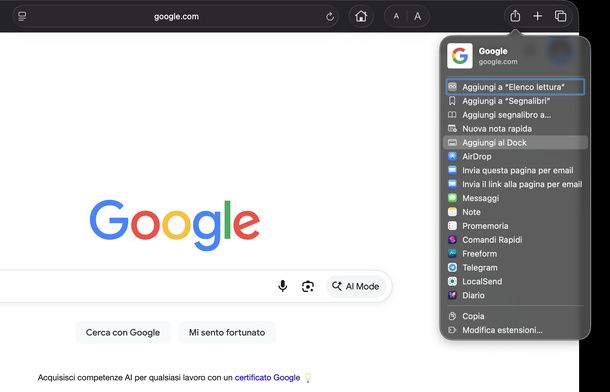 Aggiungere Google al Dock Safari Mac