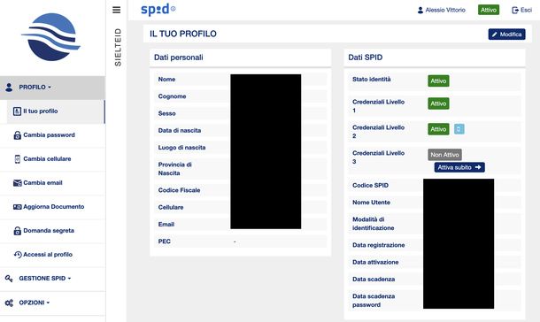 Aprire la voce Cambia cellulare SPID Sielte