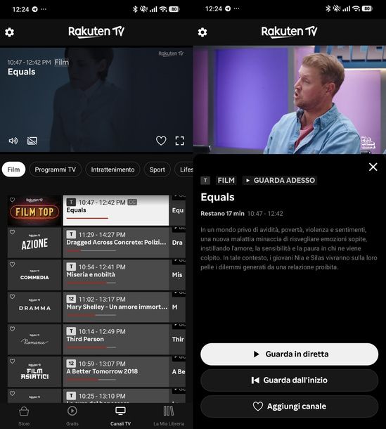 Guardare i canali TV in diretta su Rakuten TV Android
