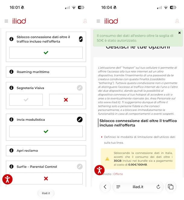 Aumentare Giga estero iliad