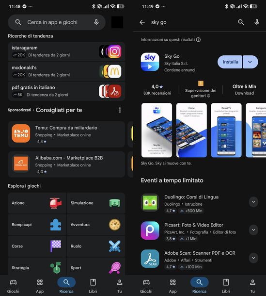 Cercare Sky Go Play Store Android