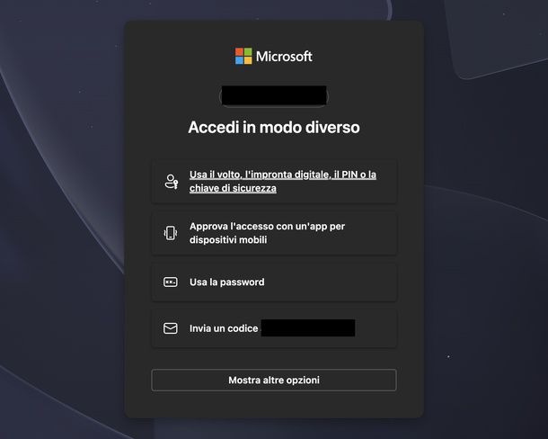 Scegliere il metodo di accesso Outlook PC