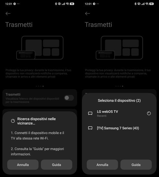 Selezionare la TV per Miracast Android