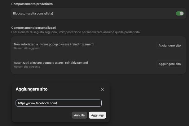 Aggiungere un'eccezione ai popup su Microsoft Edge