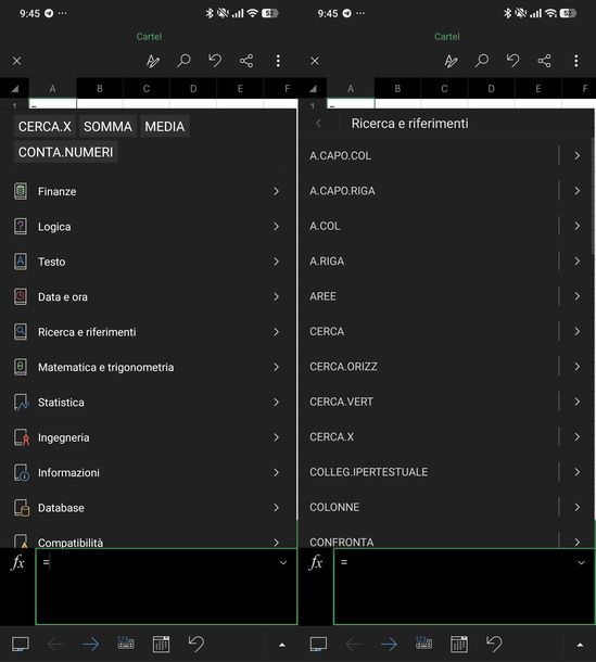 Inserire CERCA.X dal pulsante fx Android