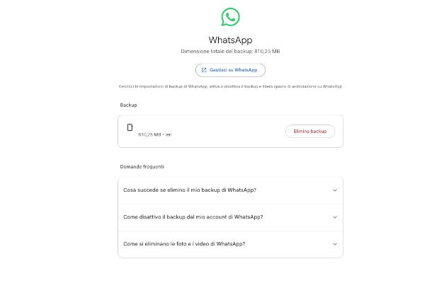 schermata eliminazione backup WhatsApp da Google One