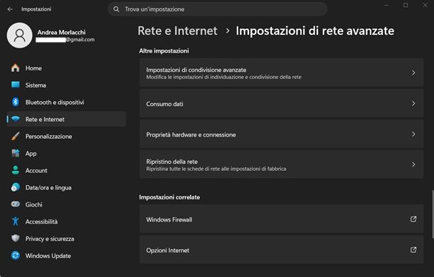 ripristino impostazioni di rete windows