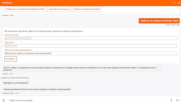 Contattare easyJet in chat