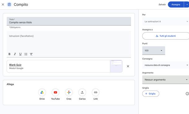 Creare un compito con quiz Google Moduli